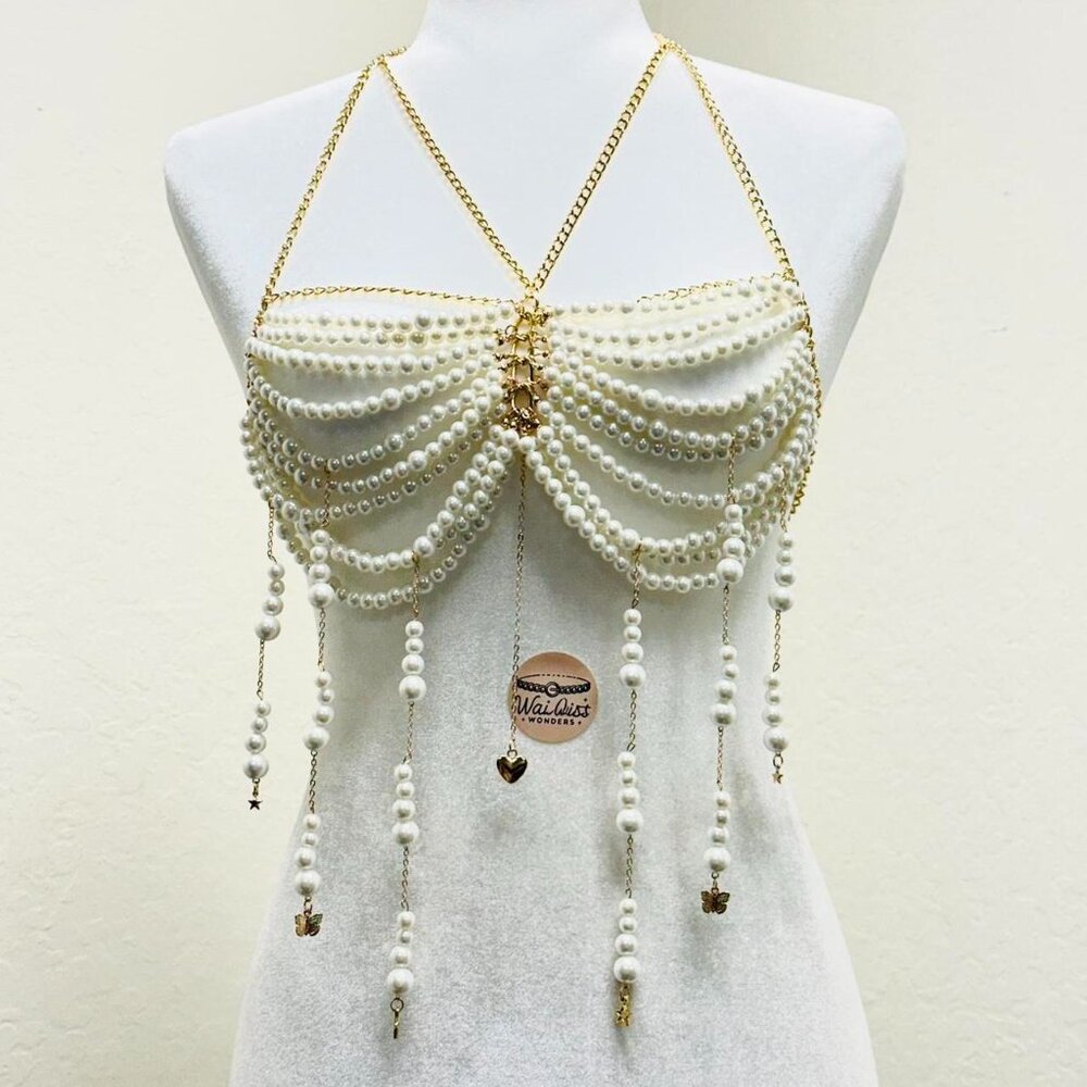 Pearl beaded crop top with gold chain straps